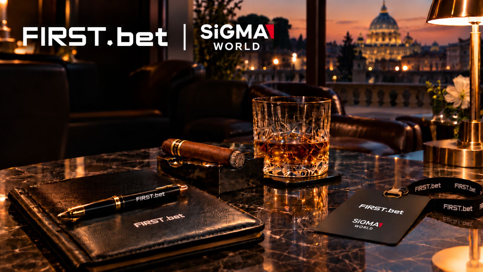 FIRST.bet Cigar Lounge at SiGMA World Rome: FIRST.bet branded notebook, pen and lanyard beside a cigar and whisky on a marble table overlooking St Peter’s Basilica at dusk