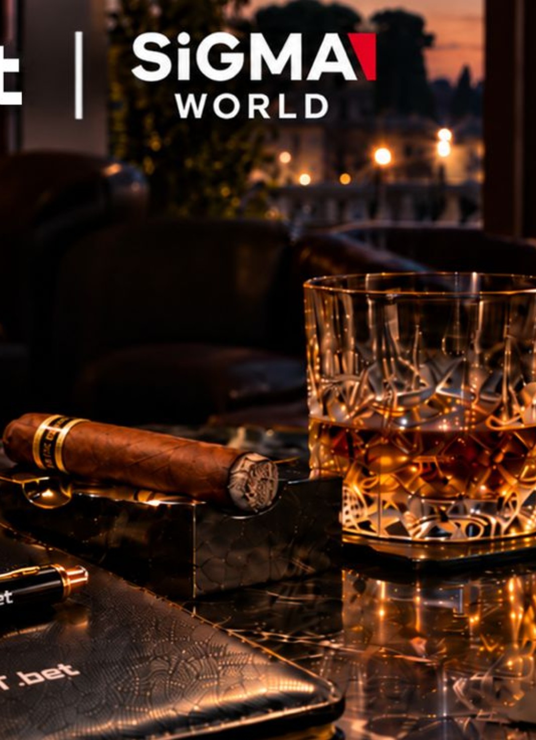 SiGMA World logo above a cigar and crystal whisky glass on a marble table at the FIRST.bet Cigar Lounge, SiGMA World Rome