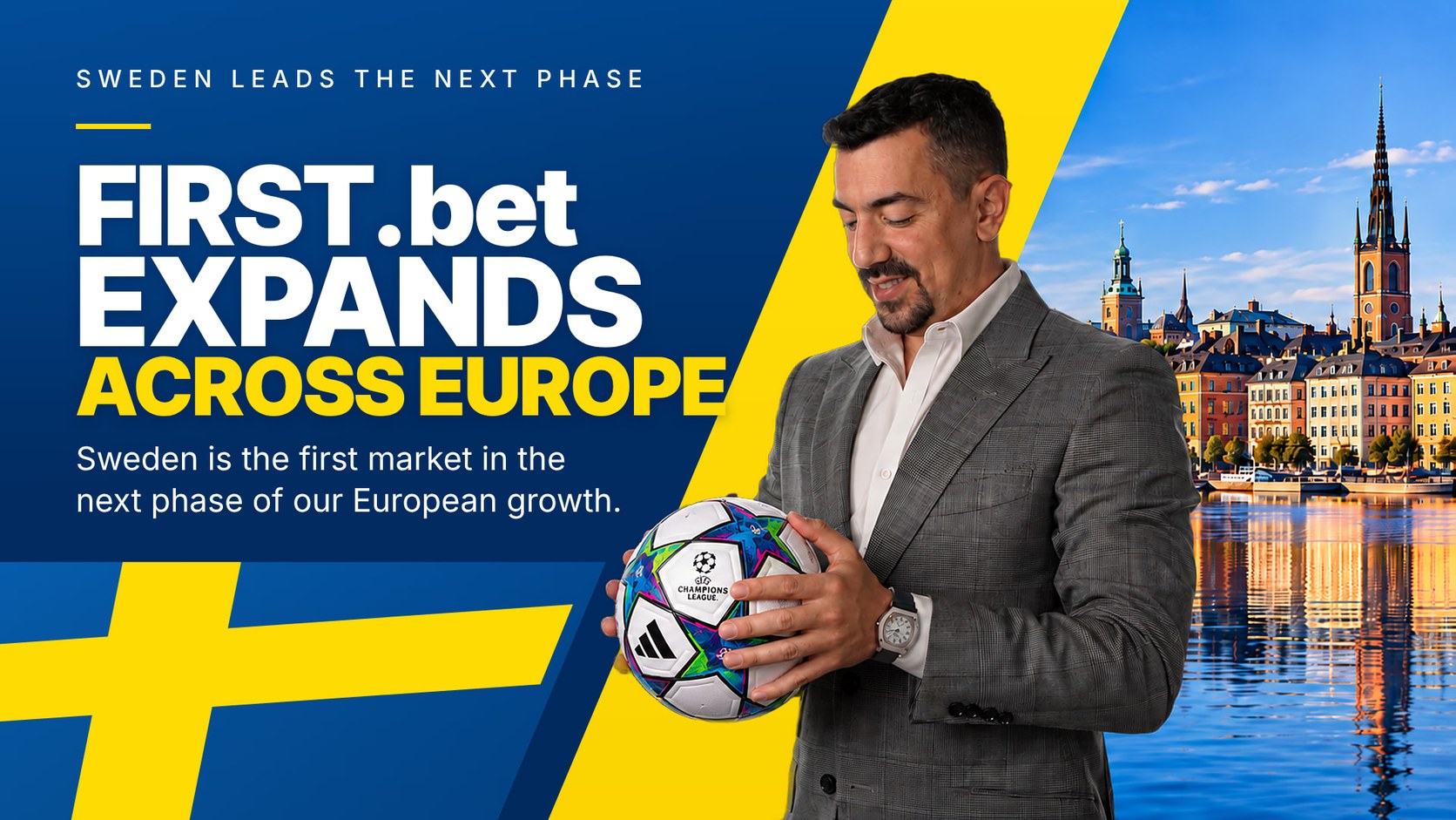 Tom Light, Founder and CEO of FIRST.bet, holding a football in front of Stockholm as FIRST.bet takes its sportsbook engine to Sweden