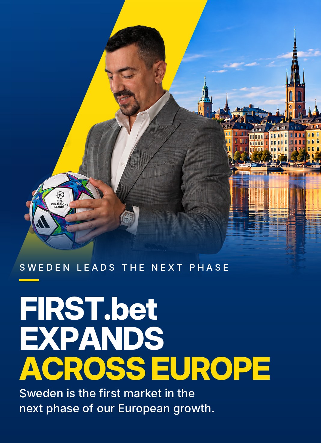Tom Light, Founder and CEO of FIRST.bet, holding a football in front of Stockholm as FIRST.bet takes its sportsbook engine to Sweden